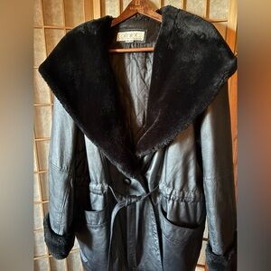 Leather Coat w/ Faux Fur Hood/Collar and Cuffs. Double breasted with belt.